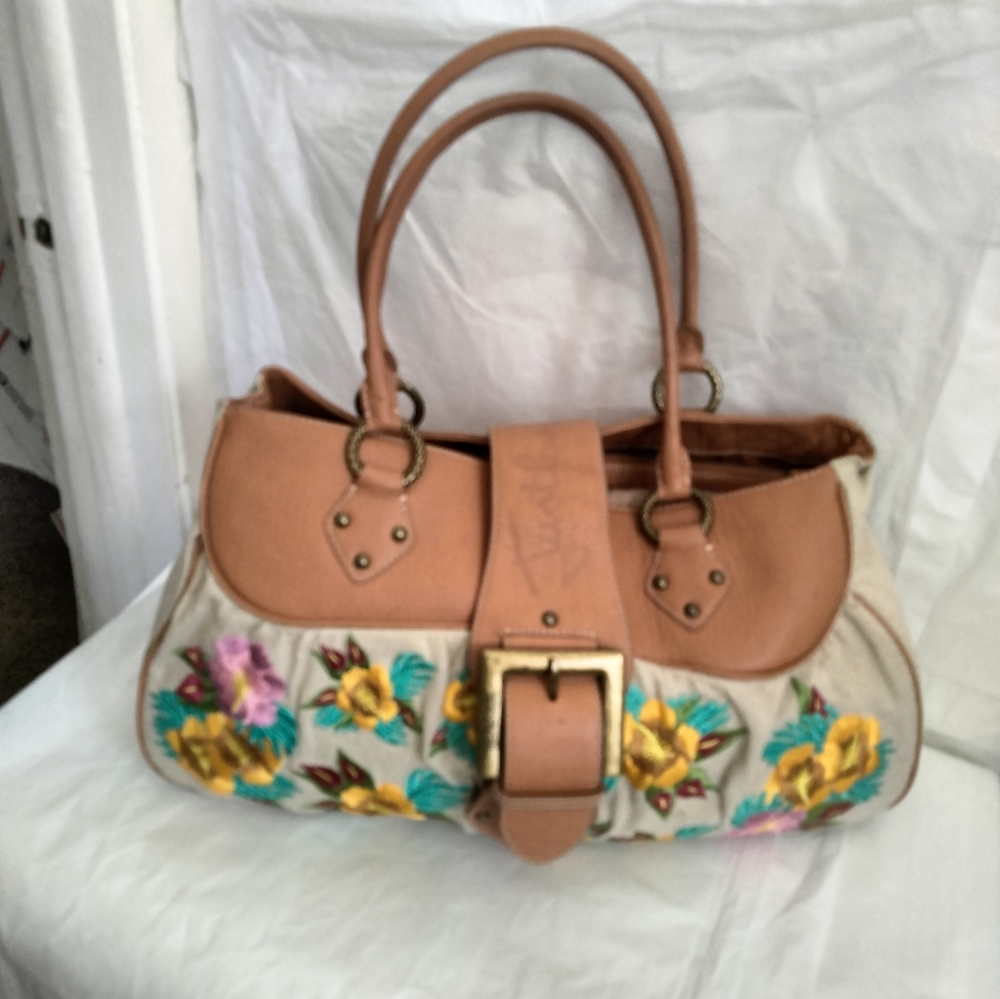 JUST CAVALLI FLORAL EMBROIDERED VINTAGE CANVAS BAG